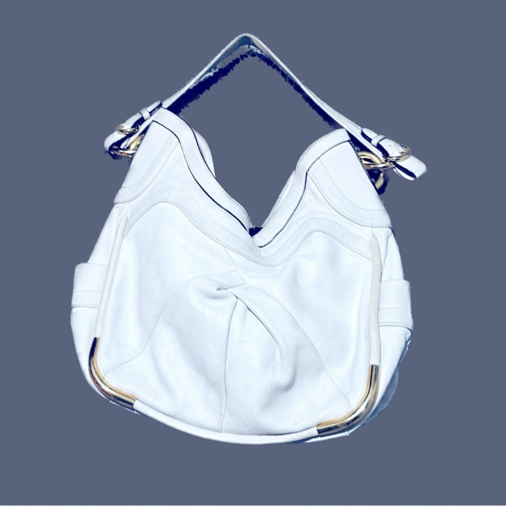 b. makowsky Hobo Leather Shoulder Bag White & Gold Hardware Adjustable - EUC - Picture 2 of 15